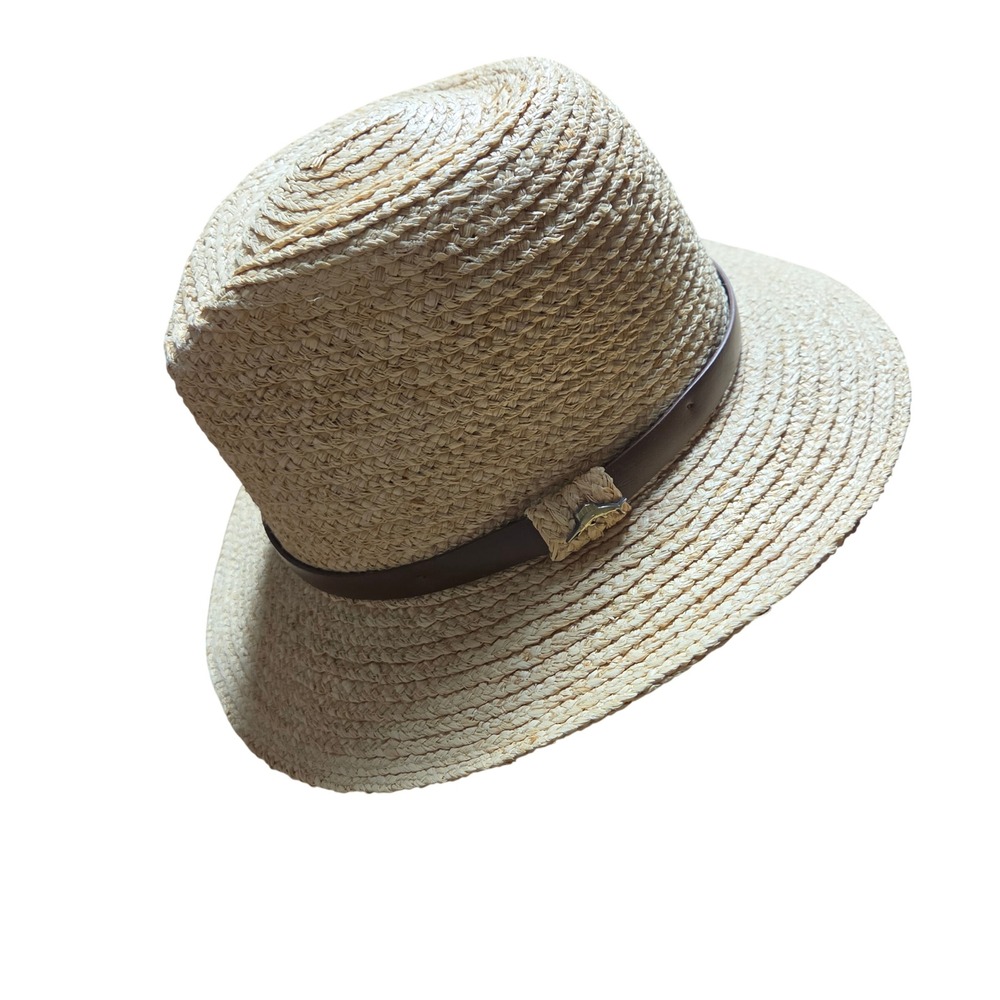 Tommy Bahama Natural Raffia Straw Fedora Hat Marlin Pin Leather Band One Size